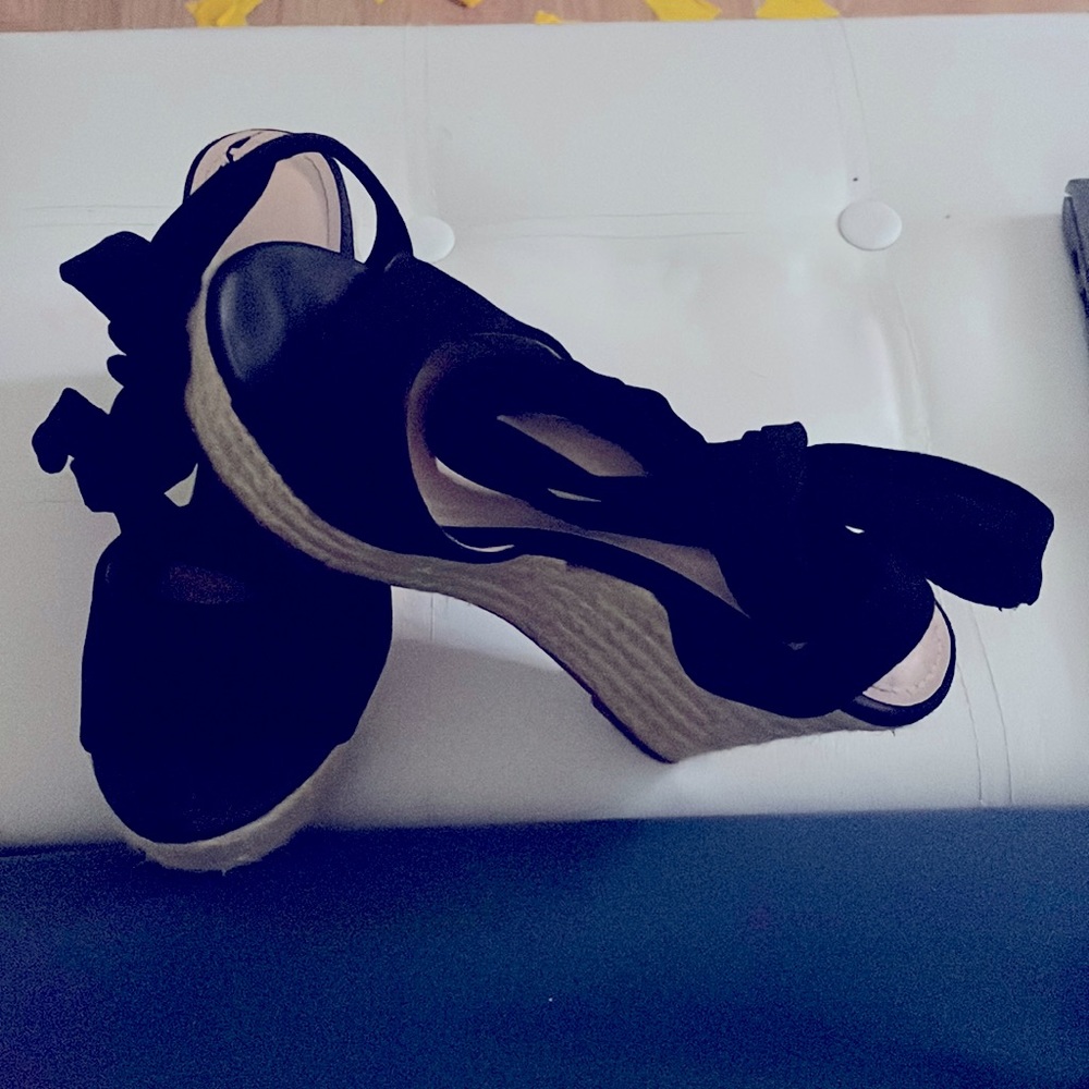 Black open toe open back tie up wedges